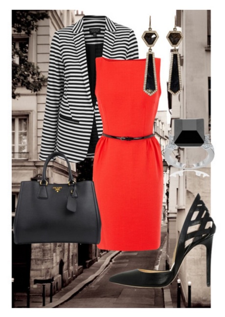 This look is all about power. Red demands attention while the black and white stripes stand out even more. Black and red are the two basic power colors, together they make an unstoppable look. The shoes are amazing with the detail on the heel. 