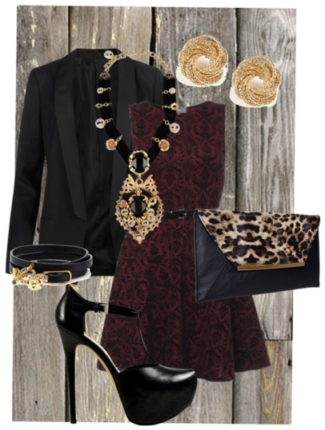 A winter party look. The heavy fabric and dark colors scream witnter. Accenting with a statment necklace and a leopard bag add interest to the look. 