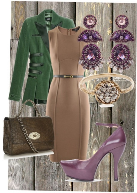 Unexpected color pairings are always really interesting. The emerald, amethyst and tan are unexpected. This a completely classy look that could be worn to any board room meeting. 