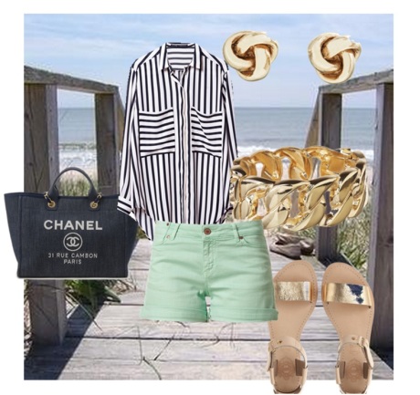 An easy beach look. Nautical chicness. Navy and white stripes compliment the mint shorts. Gold accessories stand out. 