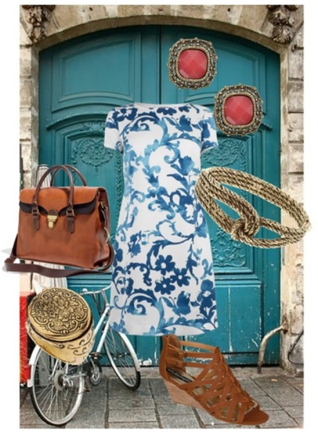 Perfect look for exploring the winding streets of the Mediterranean.The  pattern on this dress looks like pottery. Brown leather accents it and coral earrings add a op of color. 