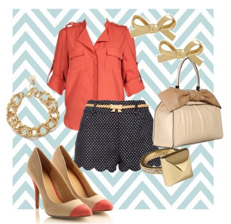 A fun whimsical look. The coral pops against the navy. Gold accessories stand out and accents the whole look nicely. 
