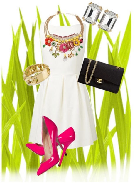Classy look with a touch of spring whimsy. White is the perfect backdrop for statement necklace. The necklace is phenomenal. The hot pink shoes add a pop of color and add some 